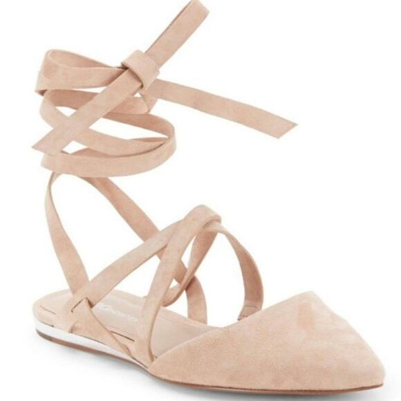 BCBGeneration Noel Cream Suede Leather Point Wrap Up Leg Ballet Flats Size 8.5B - Picture 1 of 11